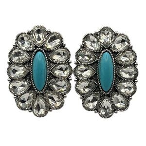 Silver Toned Western Earrings w Simulated Turquoise Stones and Clear Rhinestones